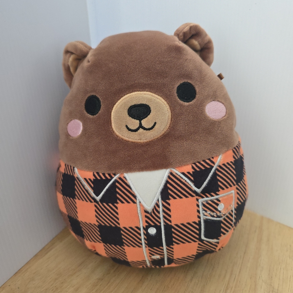 Squishmallows Brown Bear Plush with Orange and Black Plaid Shirt